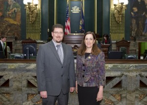 Sen. Lisa Baker, R-20, and her new staff member Andrew M. Seder on the floor of the State Senate in Harrisburg. Seder, of Gouldsboro, has been hired as Baker’s field representative for Pike, Wayne and Monroe counties and to manage communications for the district that also includes all or parts of Luzerne, Susquehanna and Wyoming counties. 