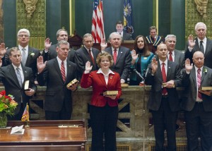 Sen. Lisa Baker, back row, third from right, joins other Republican Senators who took the oath of office on January 6. 