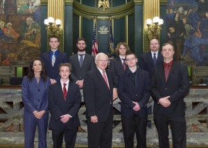 (Bottom Left to Right): Daphne Bowers, School Superintendent; Josh Glover; Senator Gene Yaw; Austin LaChappelle; Ryan Monoski, Teacher & Advisor; (Top Left to Right): Dylan Rupert; Nephi Barnhart; Colby Barto and Joseph Stoudt, High School Principal.