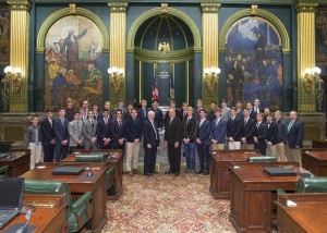 Senator Gene Yaw (R-23) and Representative Fred Keller (R-85) welcome the Lewisburg High School Boys Soccer Team to the State Capitol Building.  *Pictured in the Chamber of the State Senate